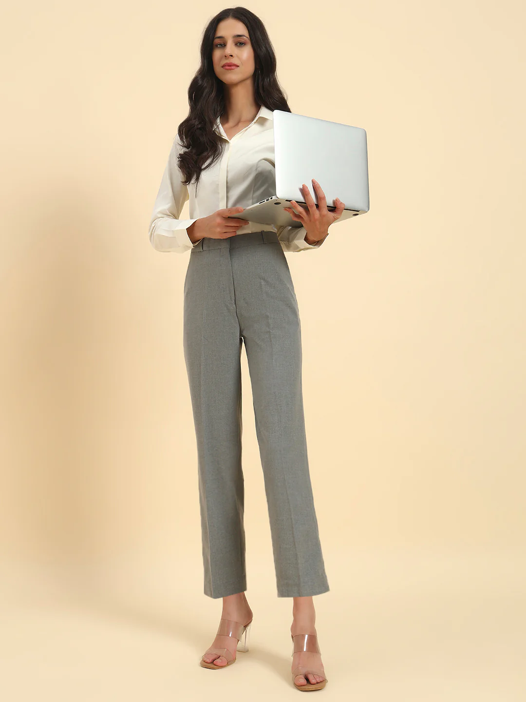 Women's Grey Solid Regular Fit Formal Trouser - Image 9