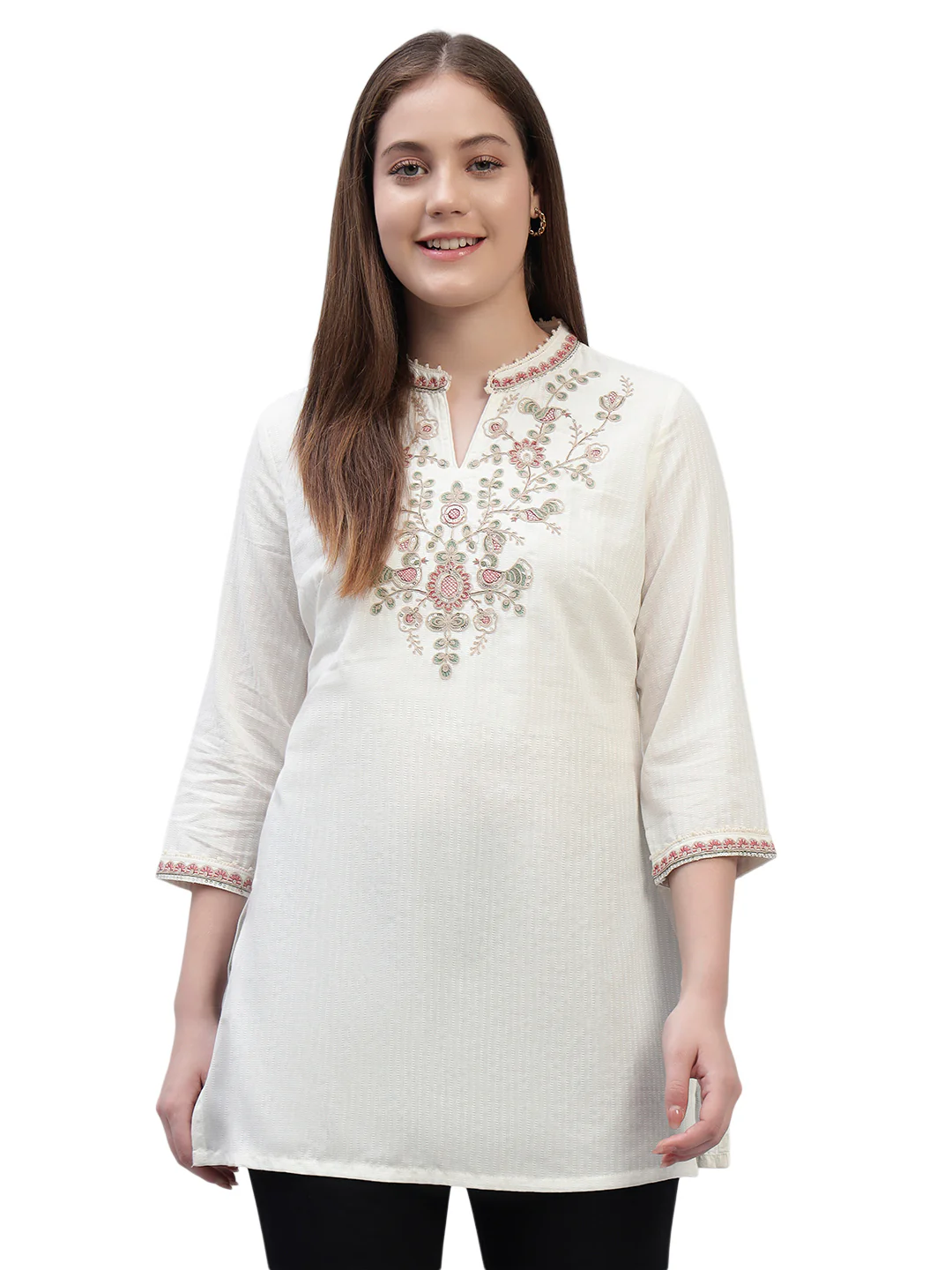 Women's Ivory Embroidery 3/4th Sleeves Round Neck Casual Short Kurti - Image 2