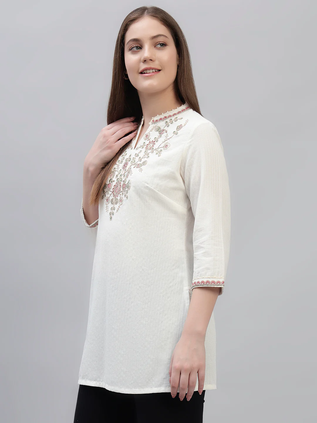 Women's Ivory Embroidery 3/4th Sleeves Round Neck Casual Short Kurti - Image 3