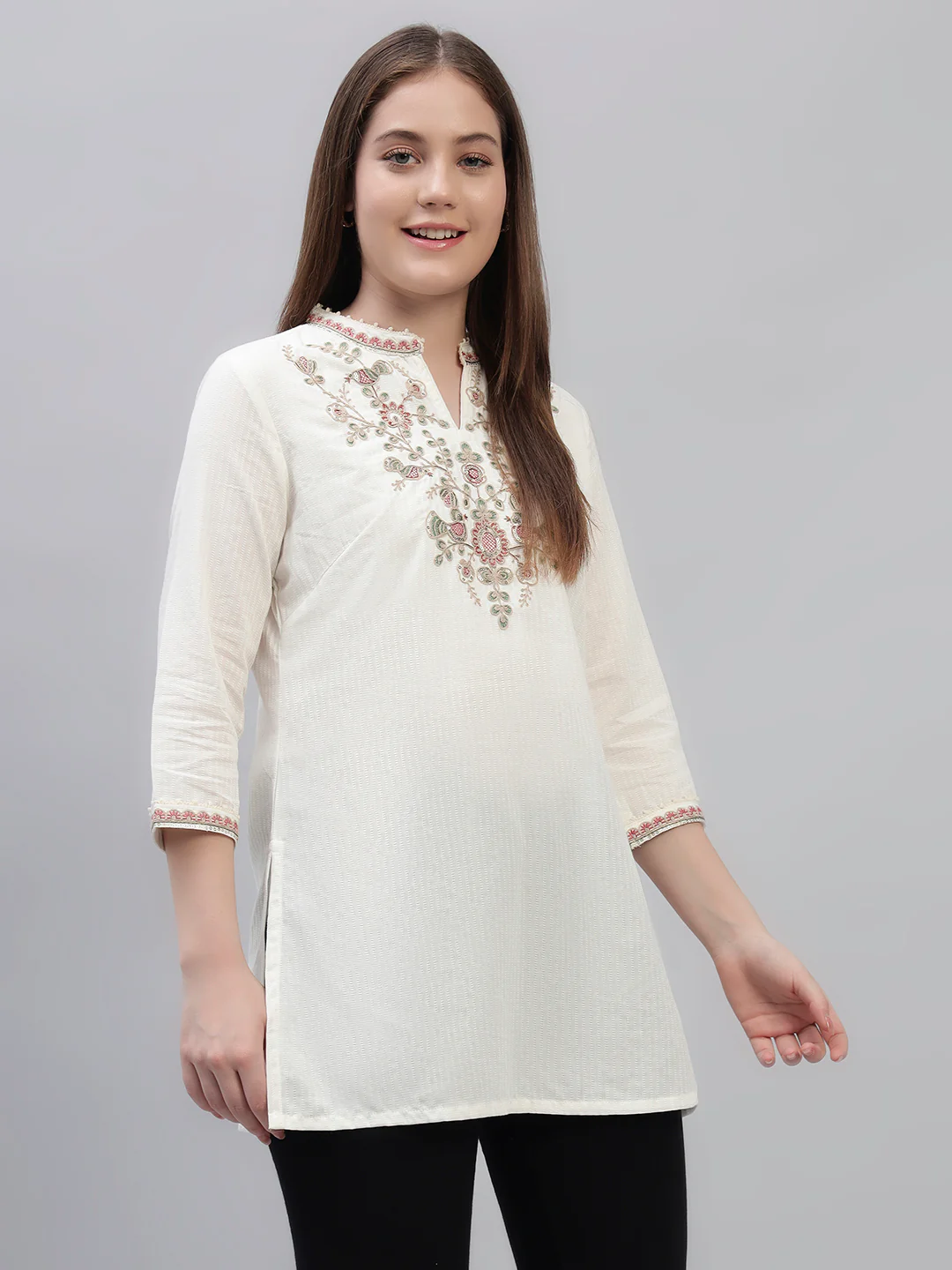 Women's Ivory Embroidery 3/4th Sleeves Round Neck Casual Short Kurti - Image 4