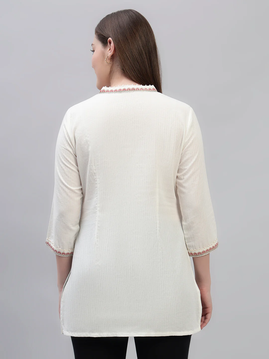 Women's Ivory Embroidery 3/4th Sleeves Round Neck Casual Short Kurti - Image 5