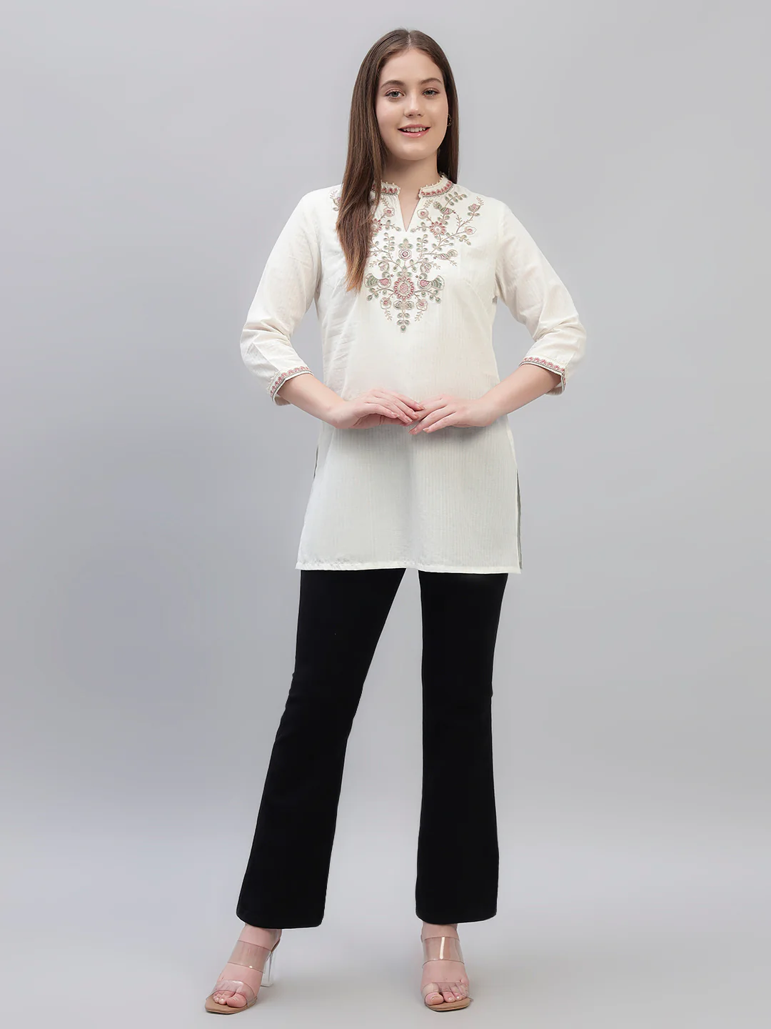 Women's Ivory Embroidery 3/4th Sleeves Round Neck Casual Short Kurti - Image 6