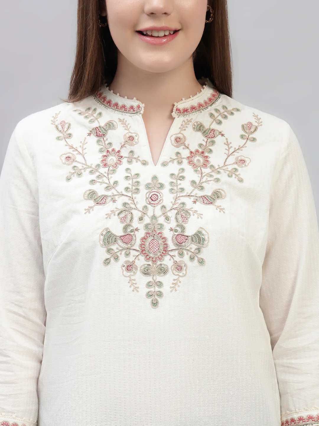 Women's Ivory Embroidery 3/4th Sleeves Round Neck Casual Short Kurti - Image 7