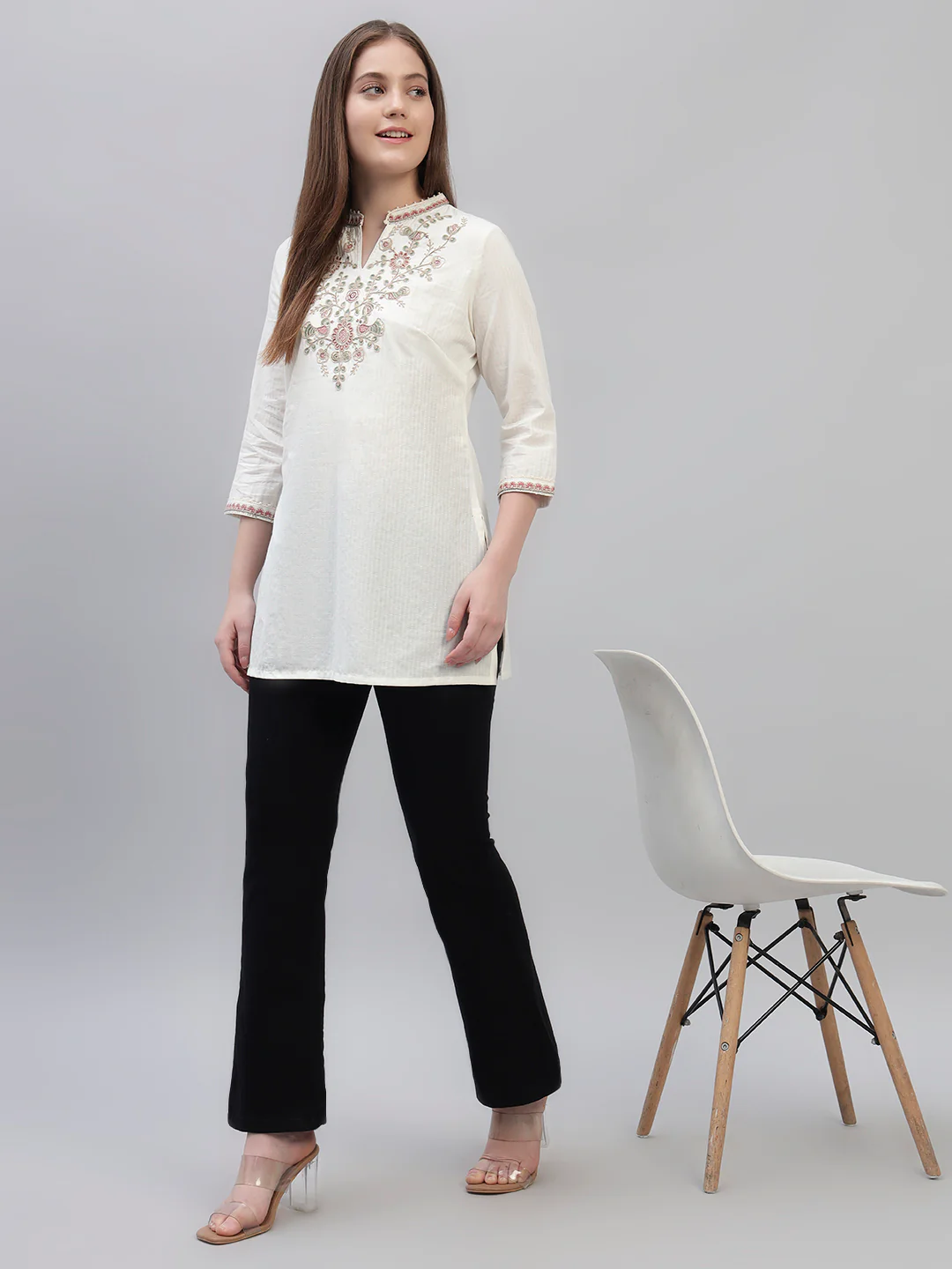 Women's Ivory Embroidery 3/4th Sleeves Round Neck Casual Short Kurti - Image 8