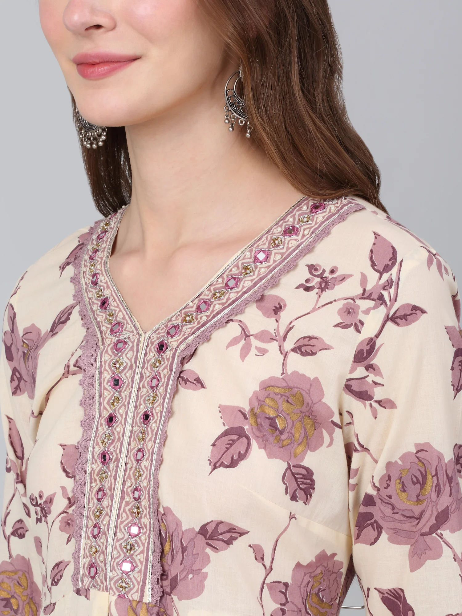 Women's Ivory Floral Print Casual Kurta Palazzo Set - Image 5