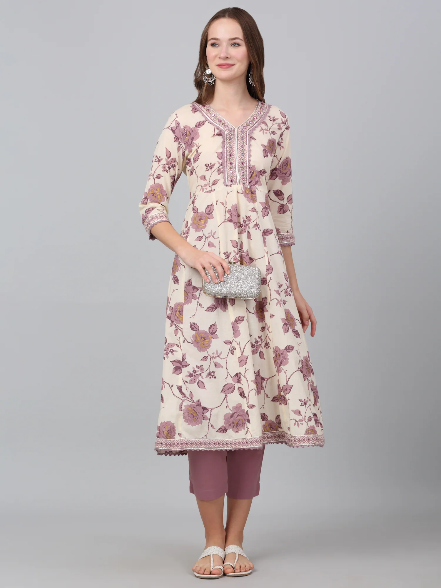 Women's Ivory Floral Print Casual Kurta Palazzo Set - Image 6