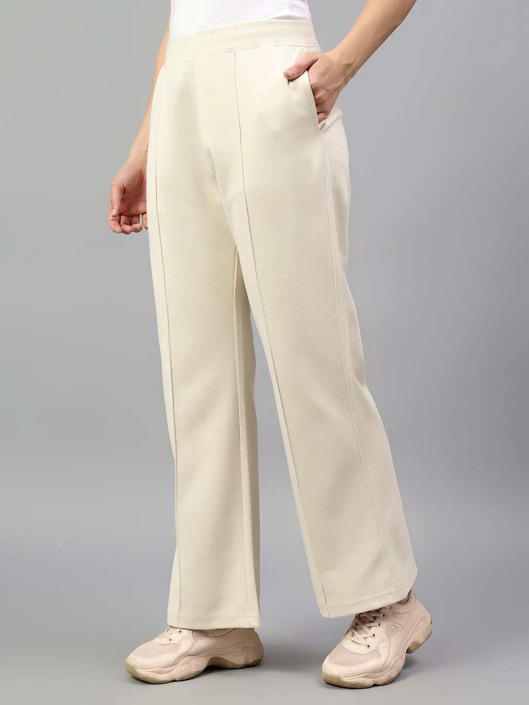 Women's Ivory Solid Casual Winter Trouser - Image 3