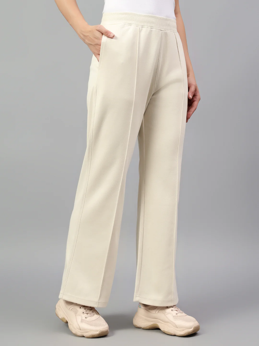 Women's Ivory Solid Casual Winter Trouser - Image 4