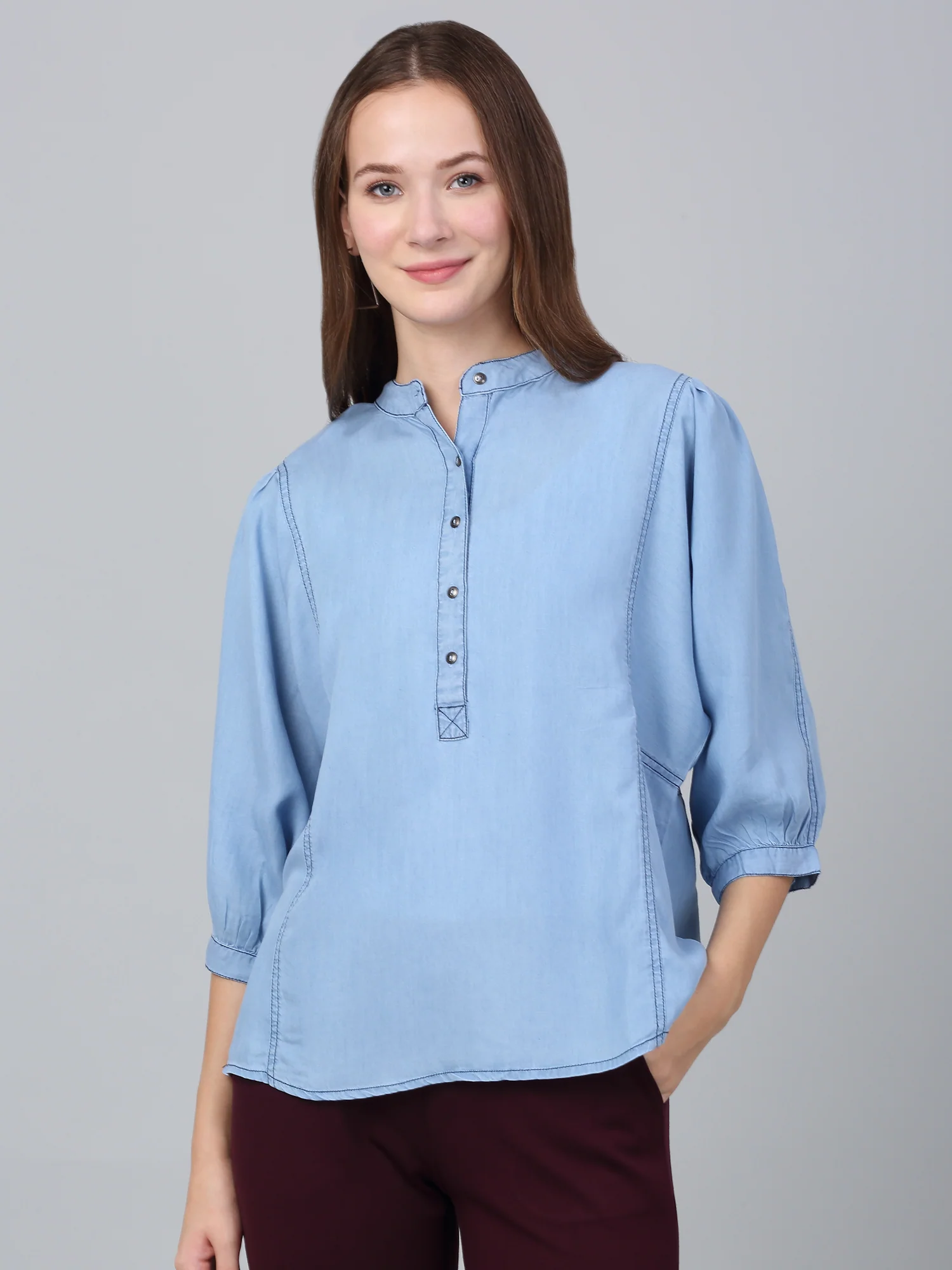 Women's Light Blue Solid Casual Top - Image 3