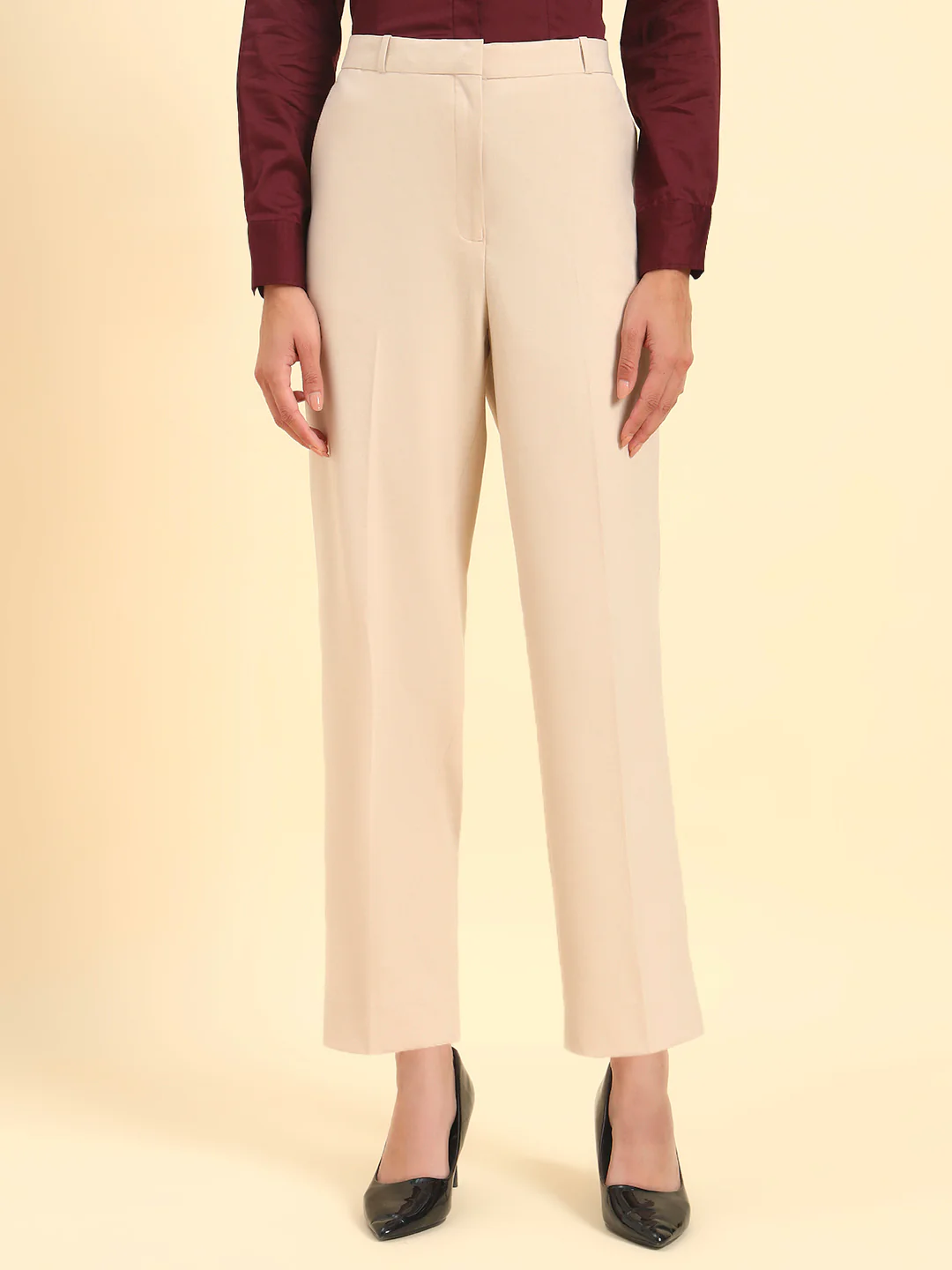 Women's Light Fawn Solid Regular Fit Formal Trouser - Image 4