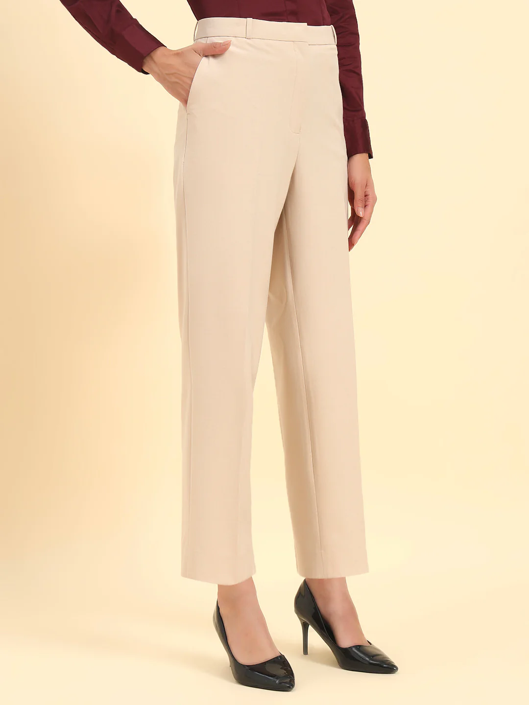 Women's Light Fawn Solid Regular Fit Formal Trouser - Image 6