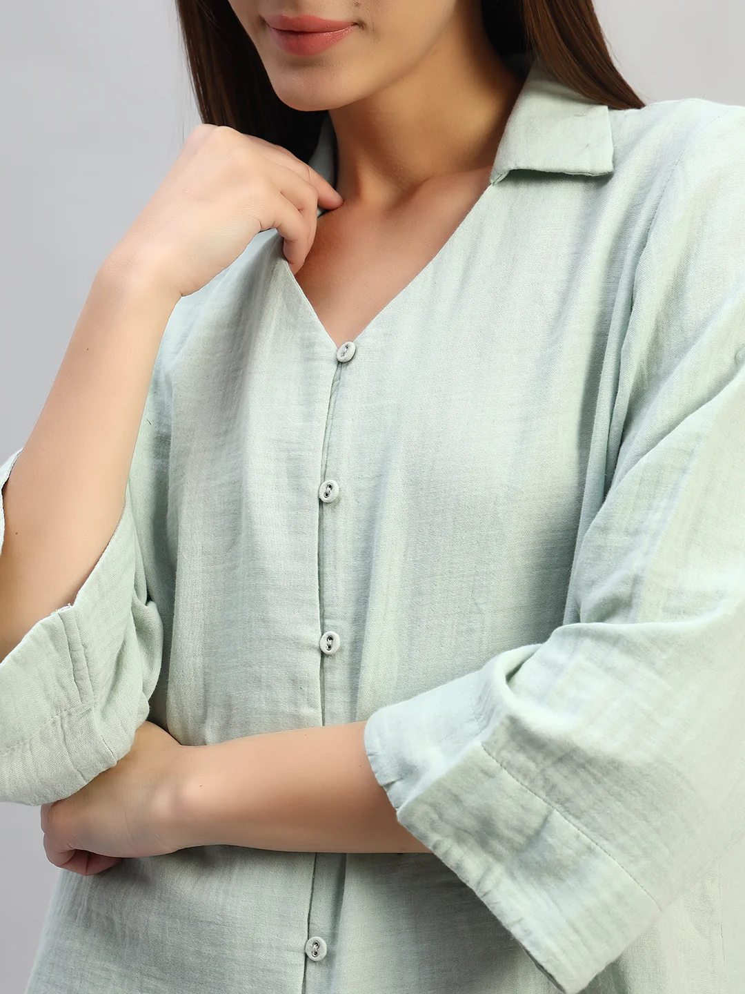 Women's Light Green Solid Full Sleeves V-Neck Casual Top - Image 6