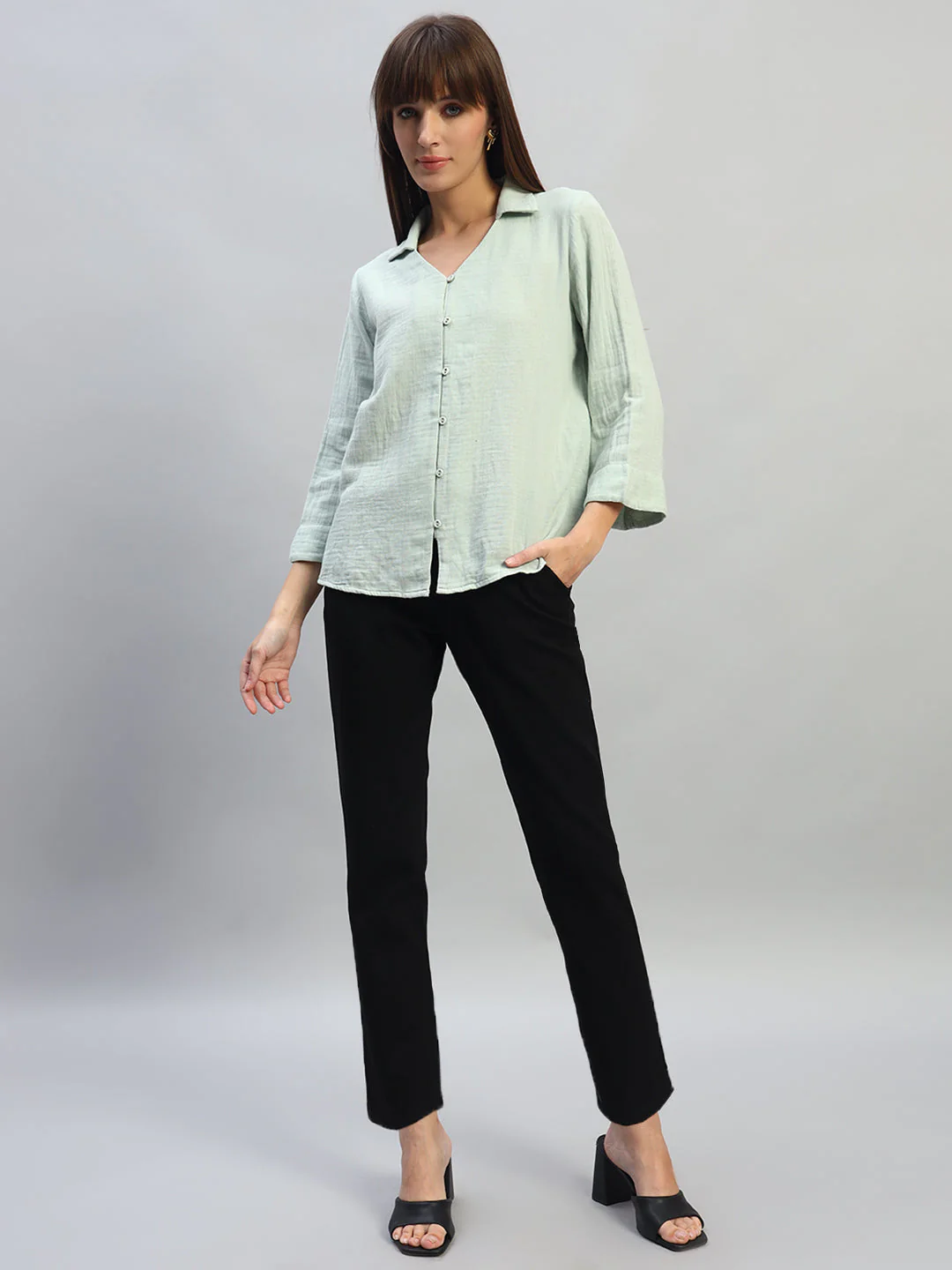 Women's Light Green Solid Full Sleeves V-Neck Casual Top - Image 7