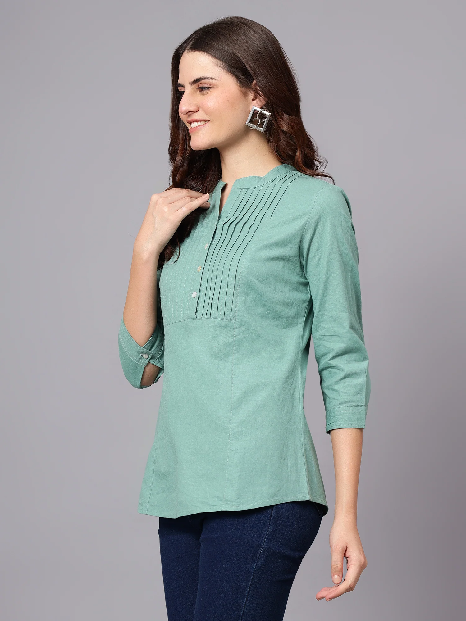 Women's Light-Green Solid Mandarin Collar 3/4th Sleeves Casual Tunic - Image 3