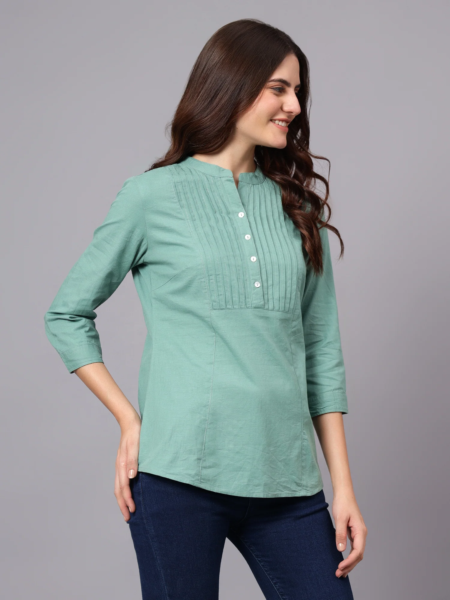 Women's Light-Green Solid Mandarin Collar 3/4th Sleeves Casual Tunic - Image 4