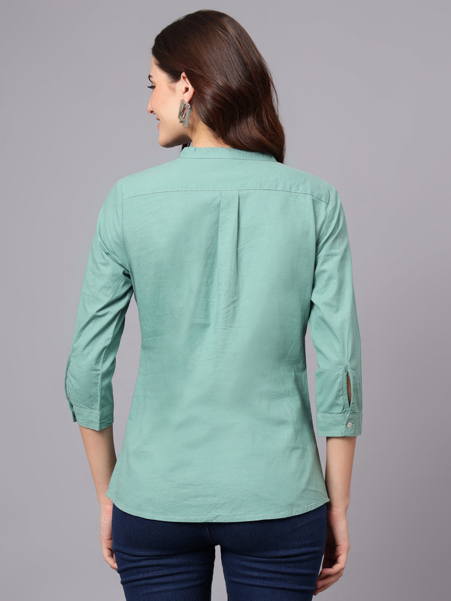 Women's Light-Green Solid Mandarin Collar 3/4th Sleeves Casual Tunic - Image 5