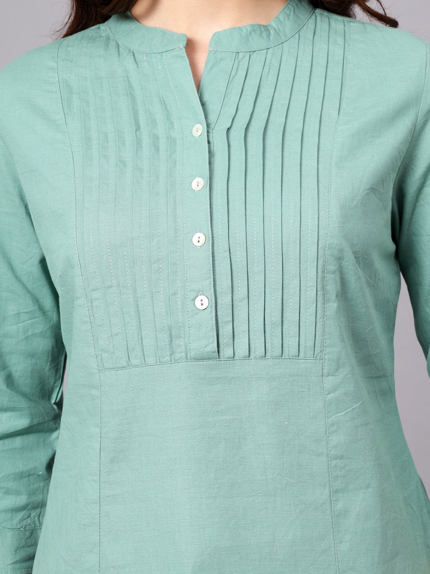 Women's Light-Green Solid Mandarin Collar 3/4th Sleeves Casual Tunic - Image 6