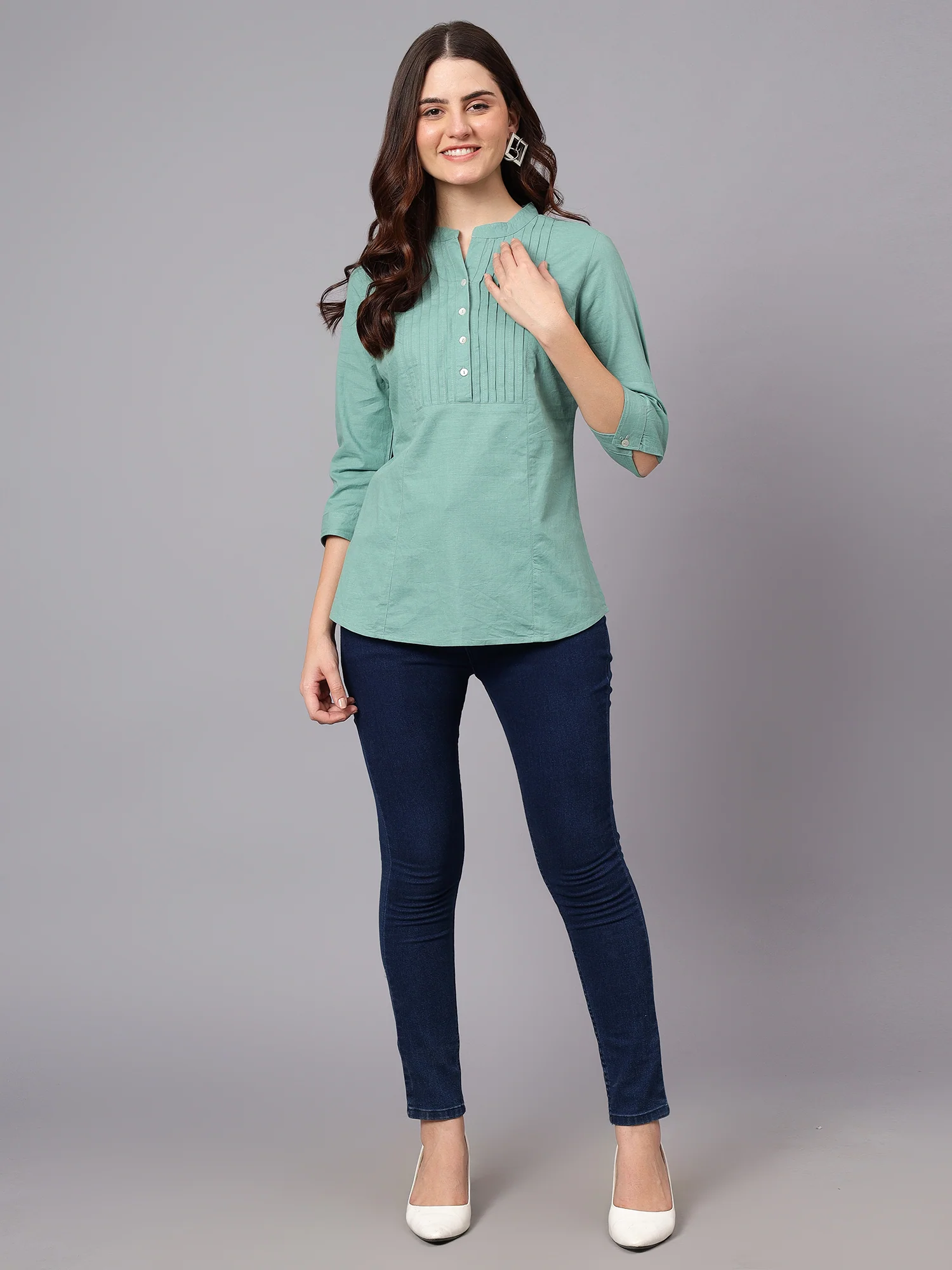 Women's Light-Green Solid Mandarin Collar 3/4th Sleeves Casual Tunic - Image 7