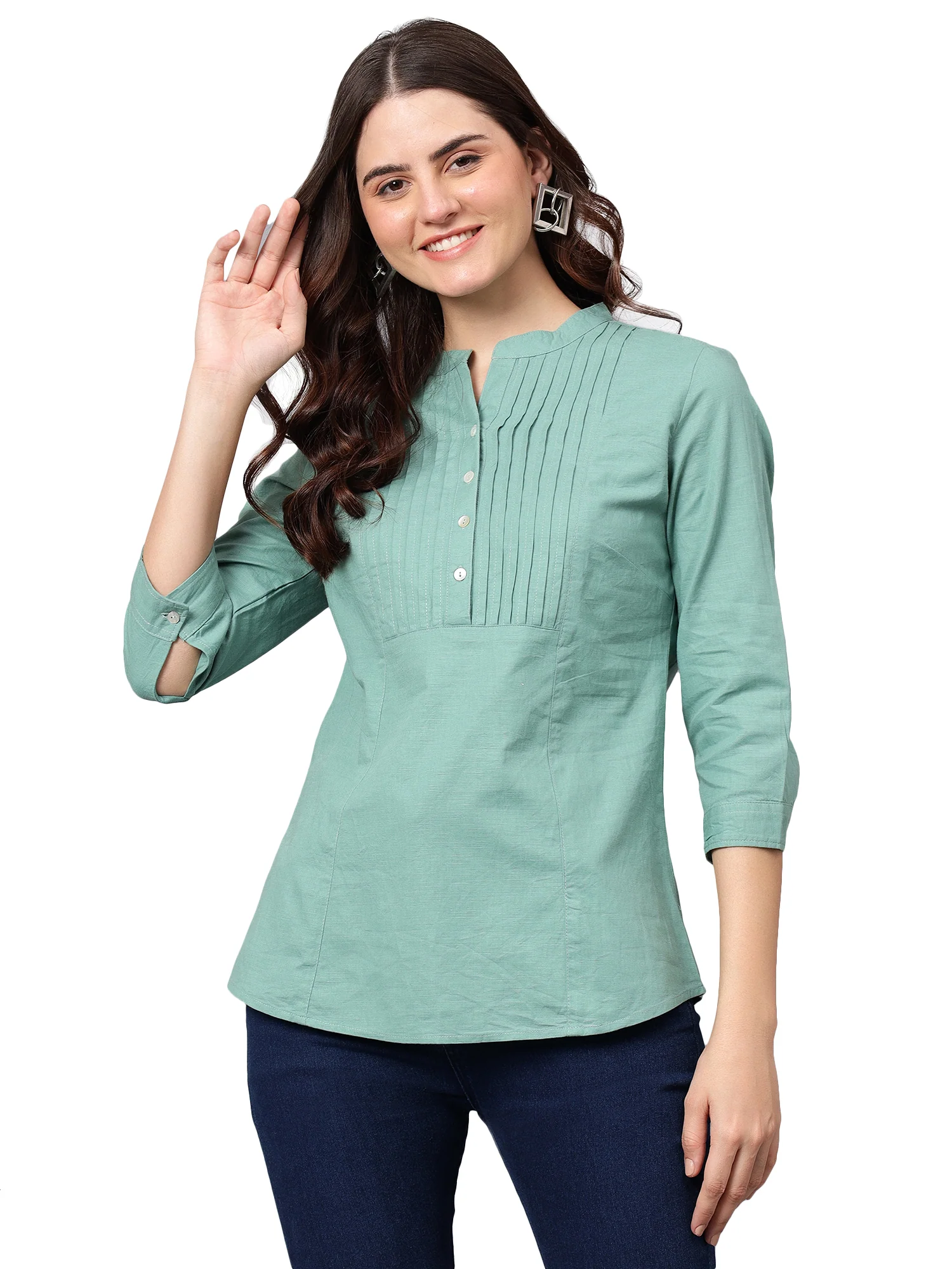 Women's Light-Green Solid Mandarin Collar 3/4th Sleeves Casual Tunic - Image 8
