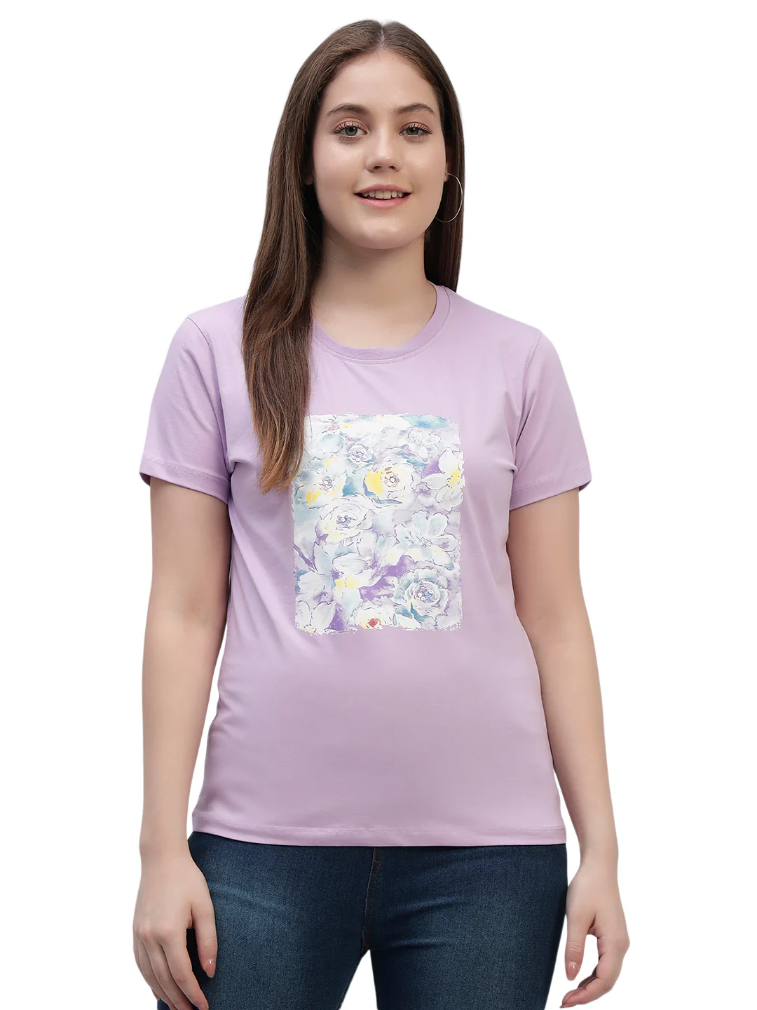 Women's Lilac Printed Half Sleeves Round Neck Casual T Shirt - Image 3