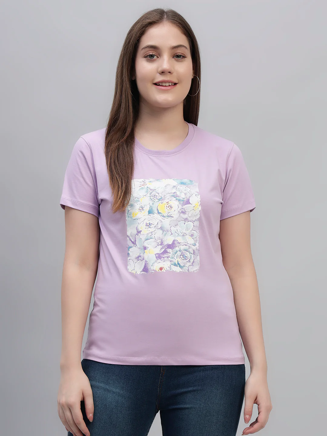 Women's Lilac Printed Half Sleeves Round Neck Casual T Shirt - Image 4