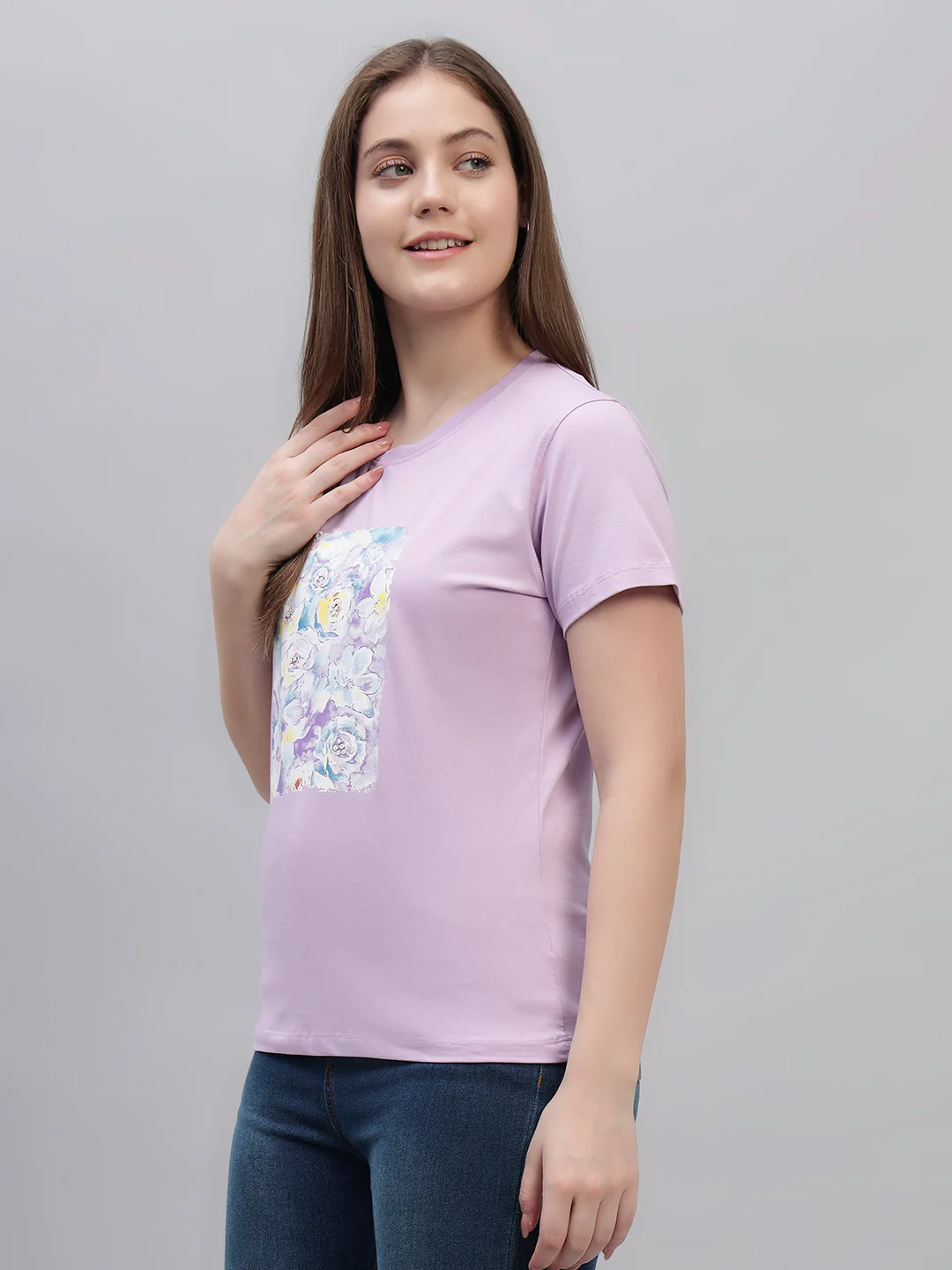 Women's Lilac Printed Half Sleeves Round Neck Casual T Shirt - Image 5