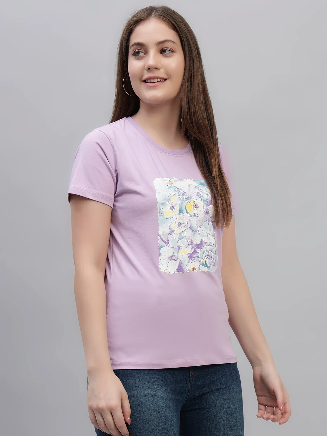 Women's Lilac Printed Half Sleeves Round Neck Casual T Shirt - Image 6