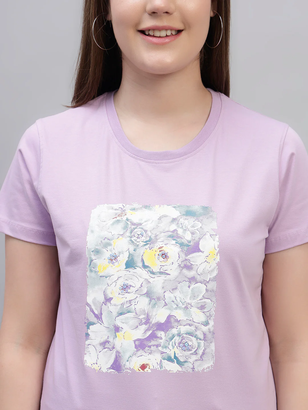 Women's Lilac Printed Half Sleeves Round Neck Casual T Shirt - Image 7