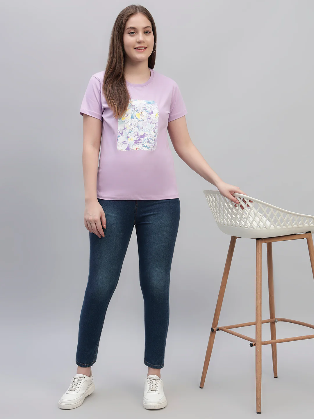 Women's Lilac Printed Half Sleeves Round Neck Casual T Shirt - Image 8
