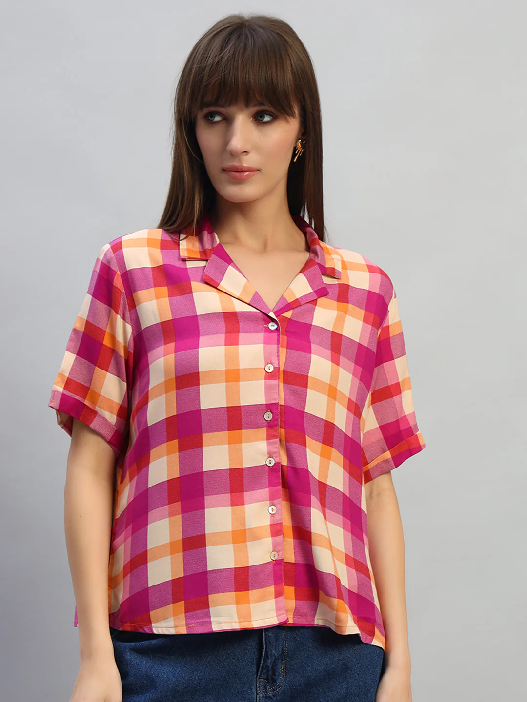 Women's Magenta Checkered Half Sleeves V-Neck Casual Top - Image 2