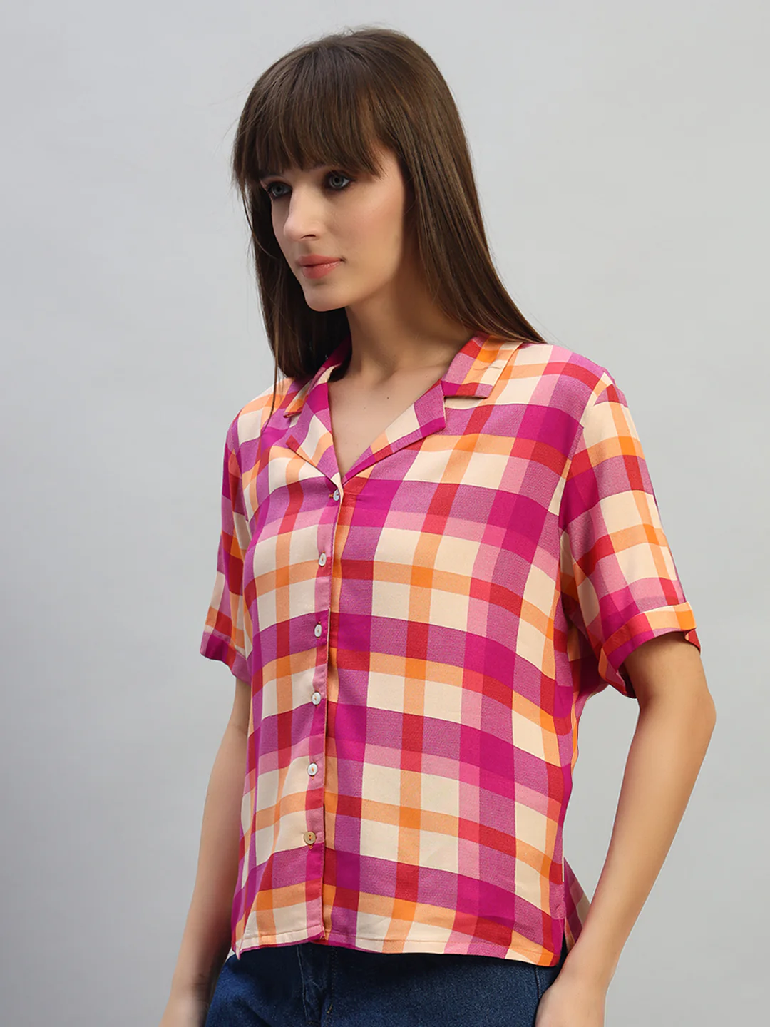Women's Magenta Checkered Half Sleeves V-Neck Casual Top - Image 3