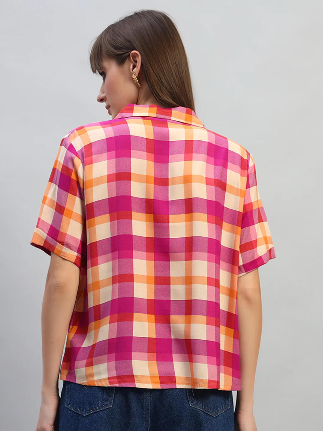 Women's Magenta Checkered Half Sleeves V-Neck Casual Top - Image 4