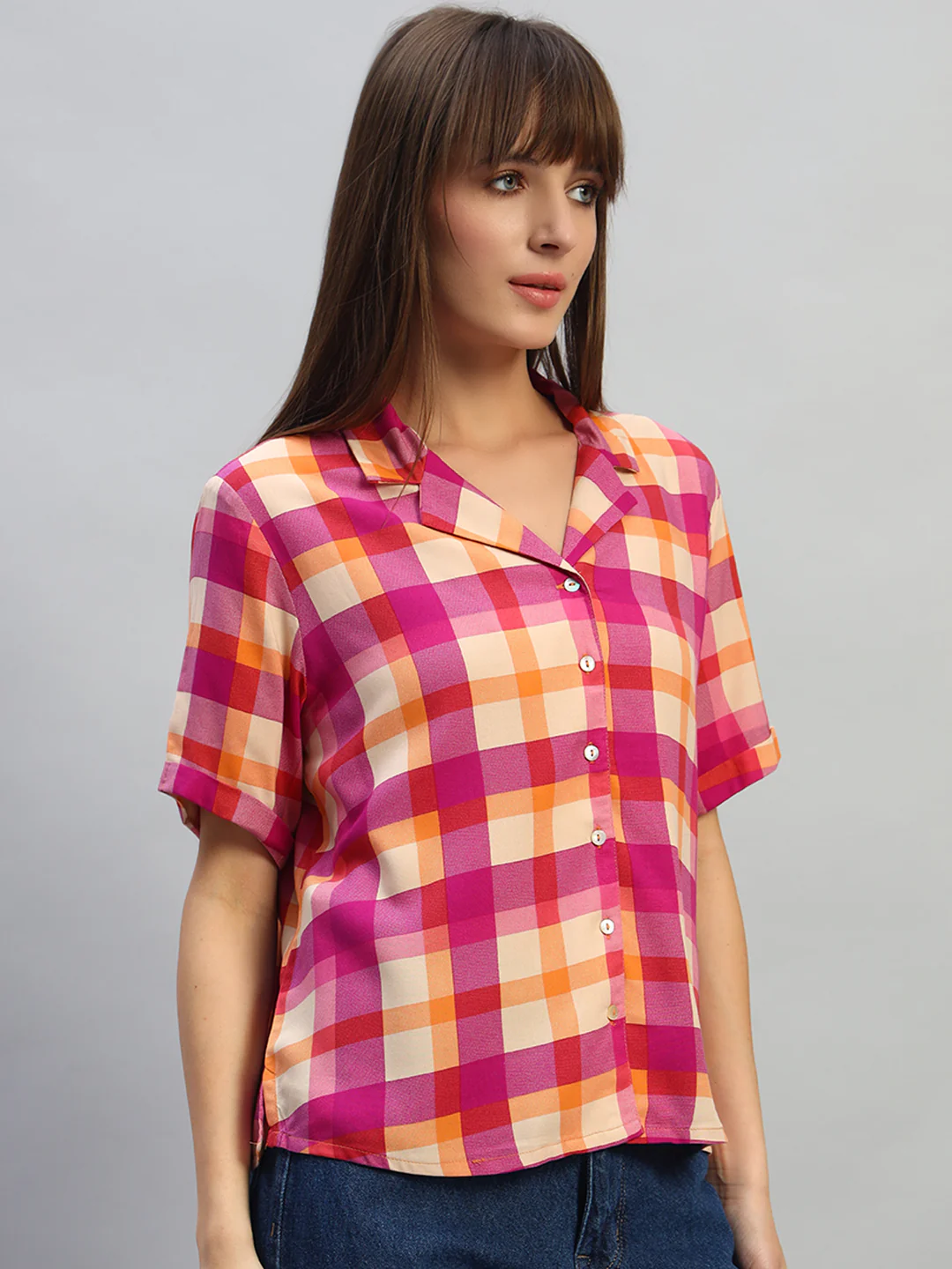 Women's Magenta Checkered Half Sleeves V-Neck Casual Top - Image 5