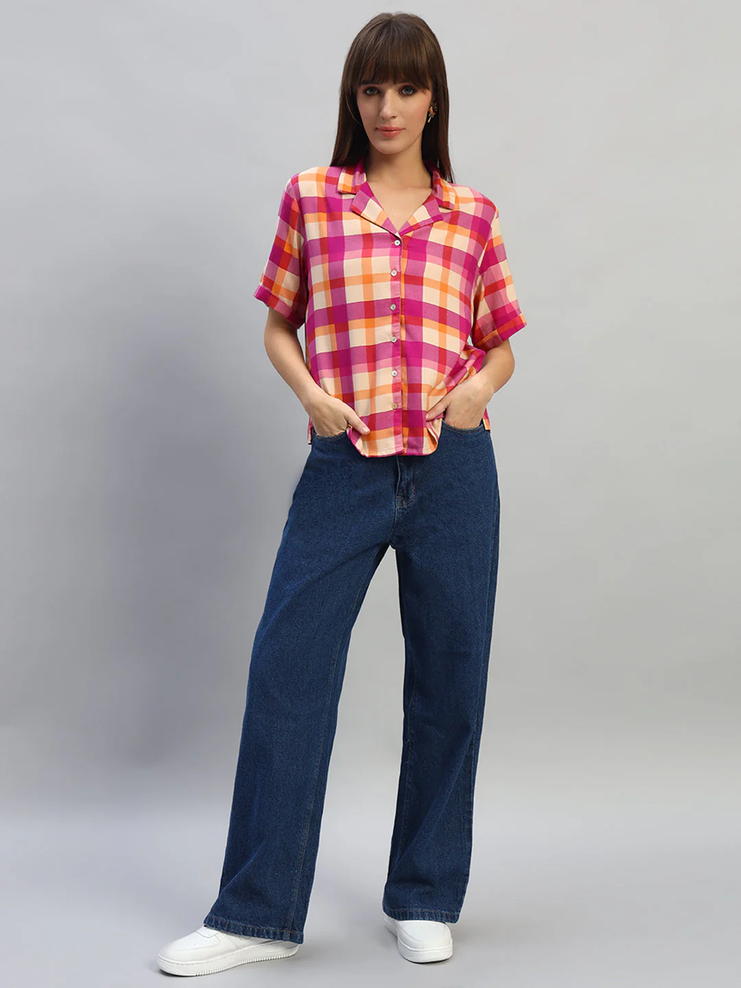 Women's Magenta Checkered Half Sleeves V-Neck Casual Top - Image 7