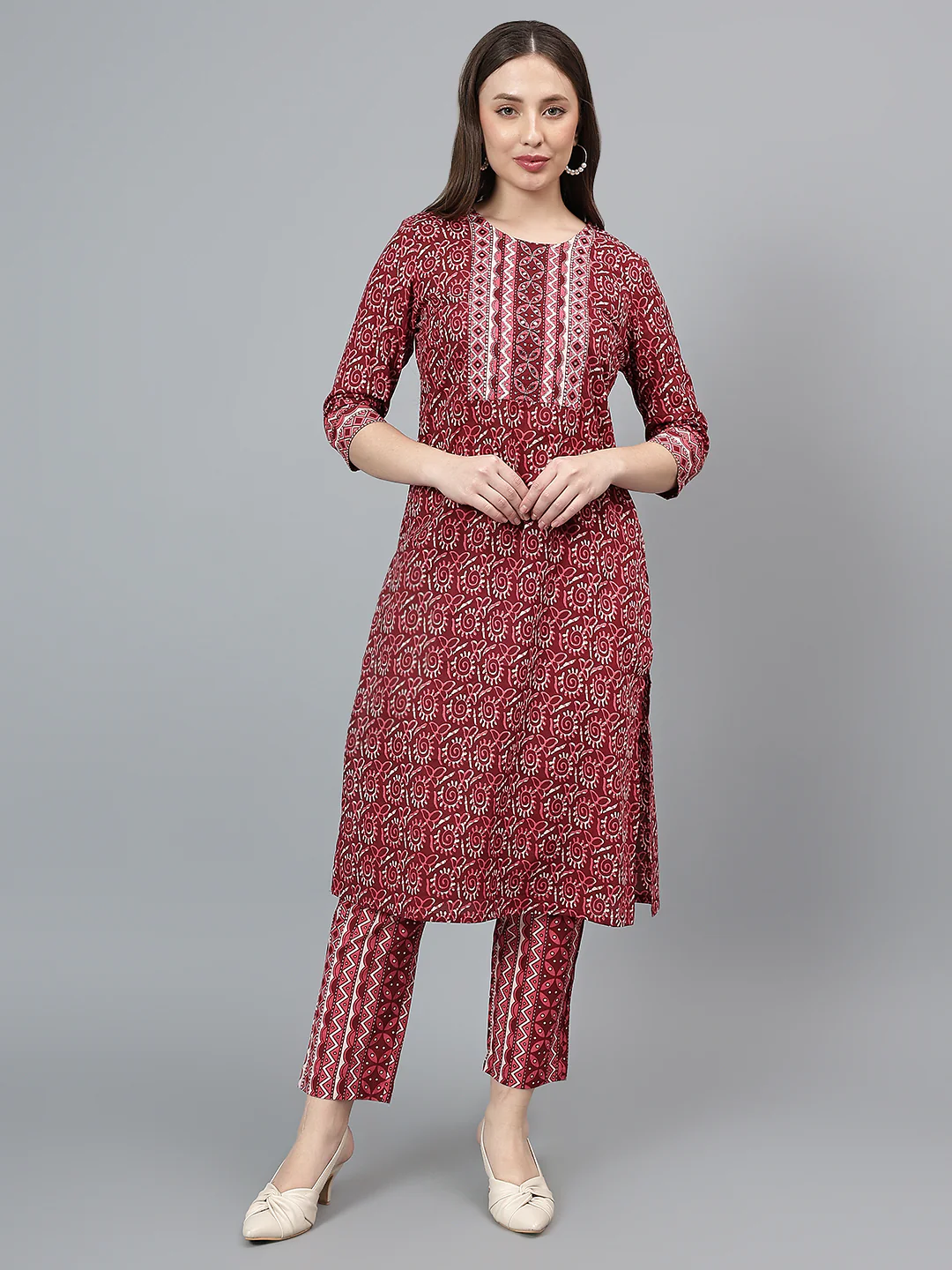 Women's Maroon Printed Casual Kurta Plazzo Set - Image 2