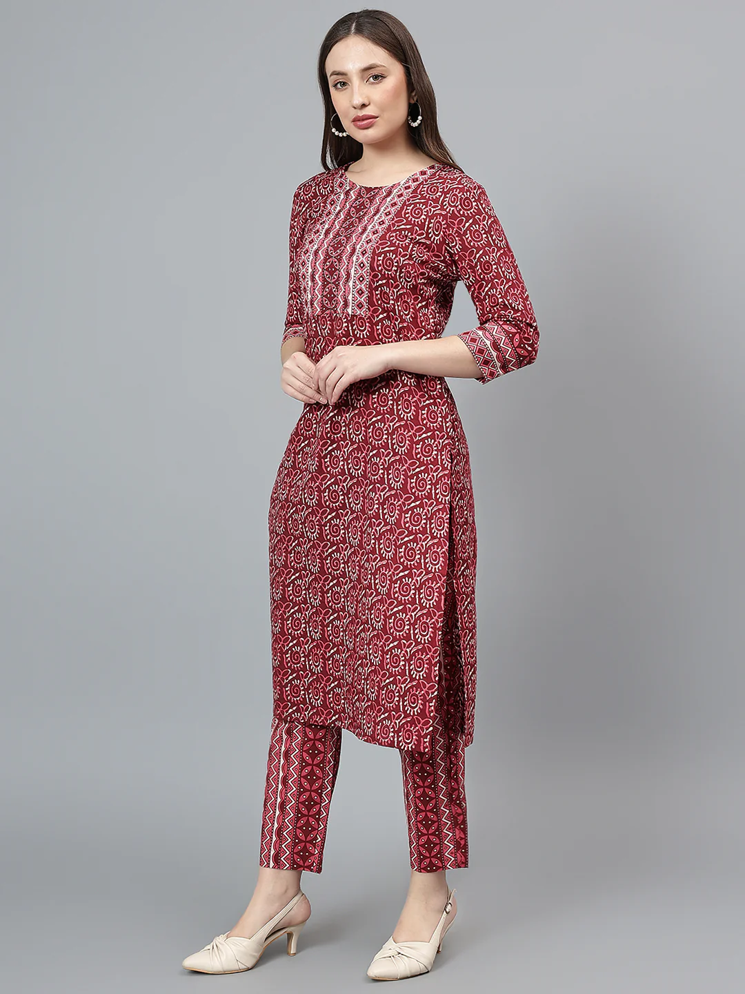 Women's Maroon Printed Casual Kurta Plazzo Set - Image 3