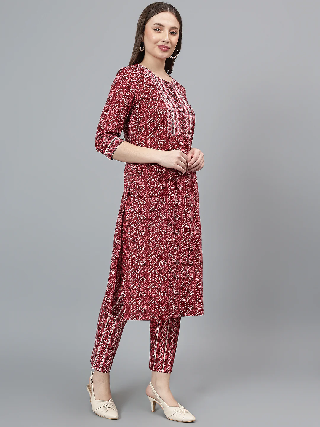 Women's Maroon Printed Casual Kurta Plazzo Set - Image 4