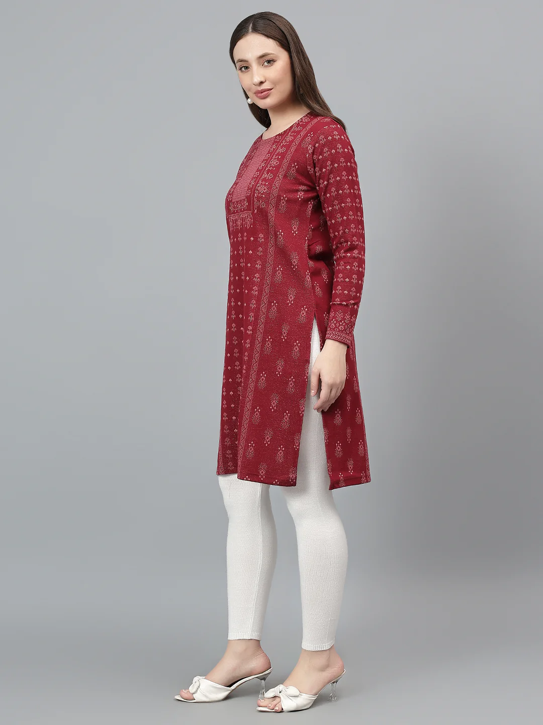 Women's Maroon Printed Round Neck Kurti - Image 3