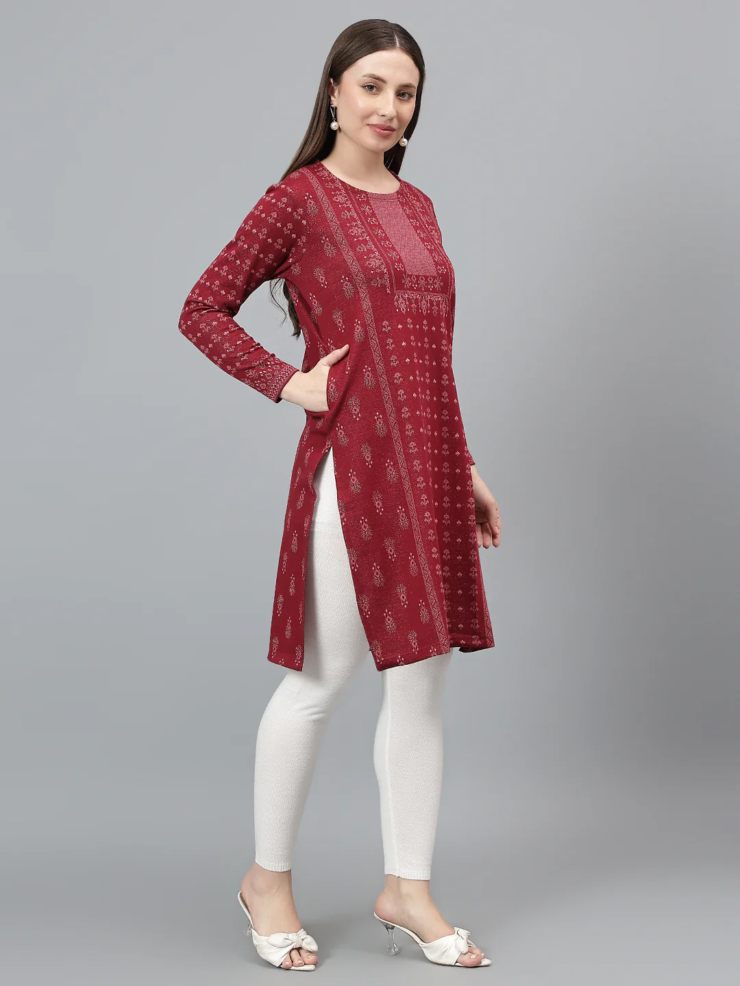 Women's Maroon Printed Round Neck Kurti - Image 4
