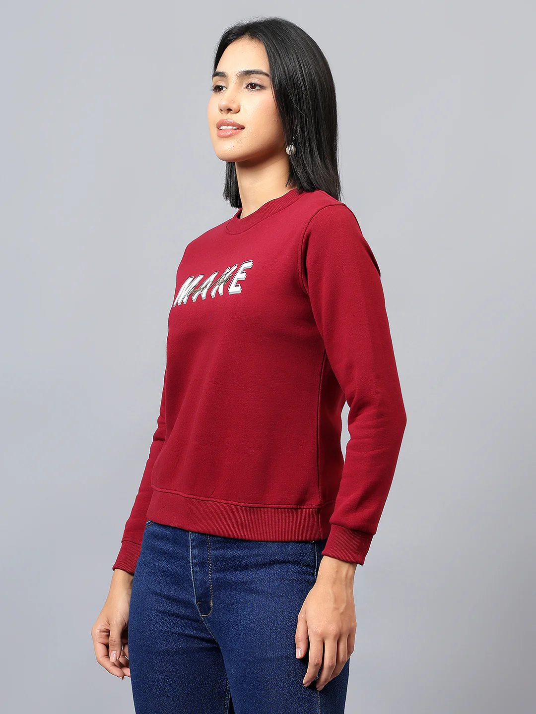 Women's Maroon Printed Round Neck Sweatshirt - Image 3