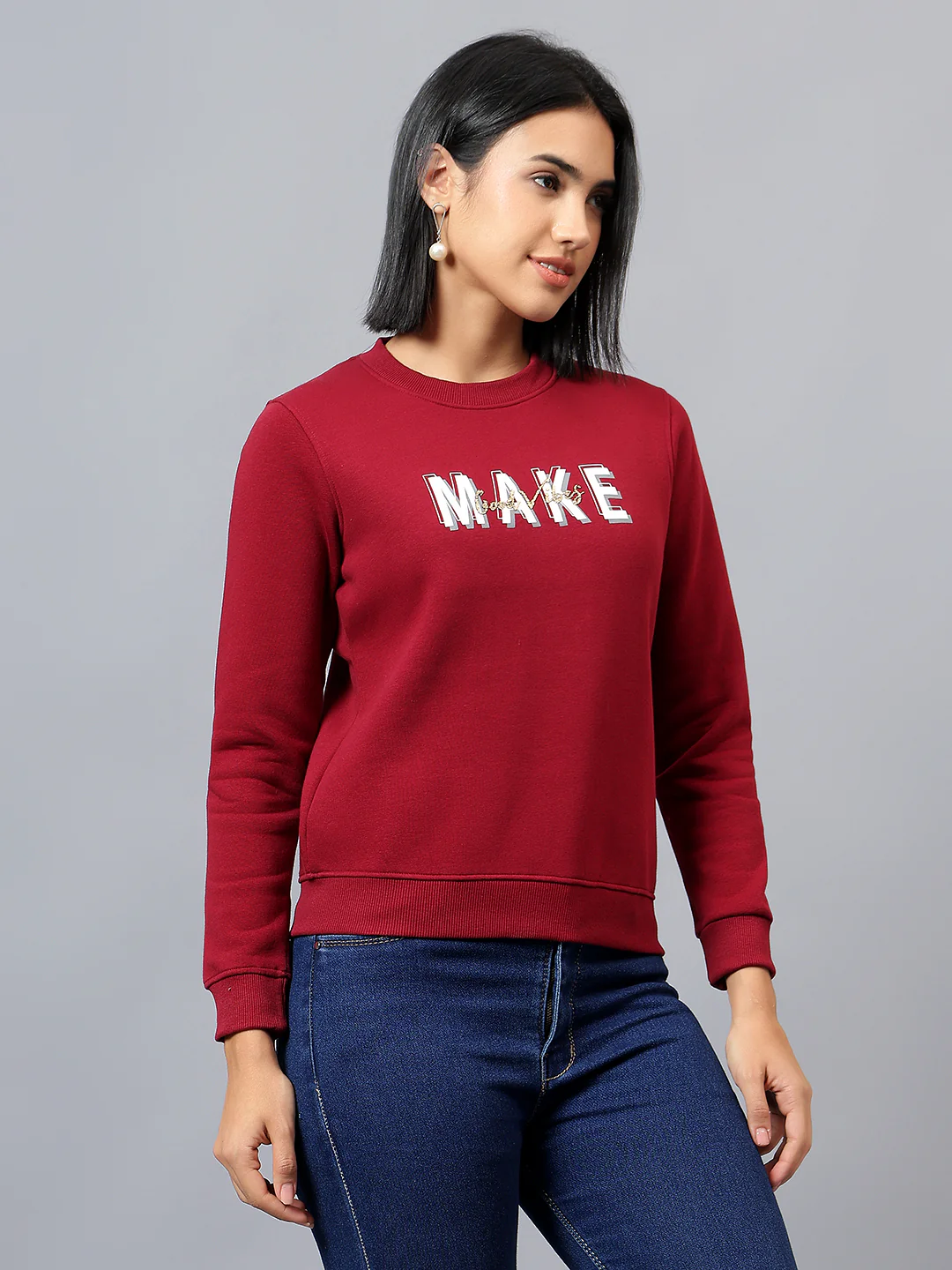Women's Maroon Printed Round Neck Sweatshirt - Image 4