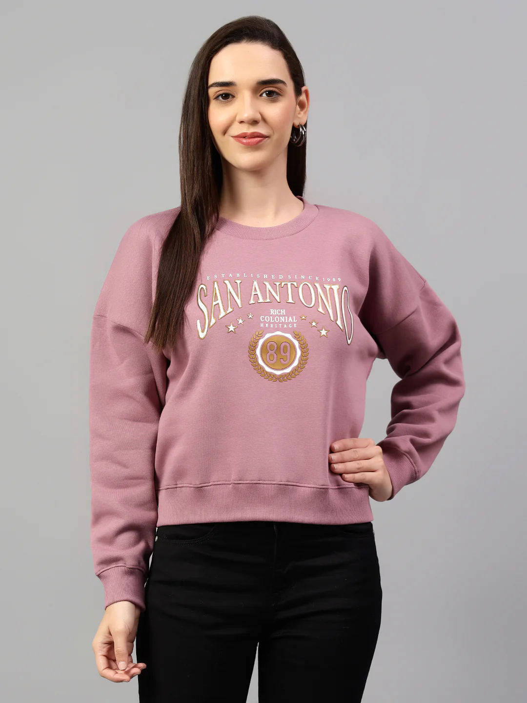 Women's Mauve Printed Round Neck Crop Sweatshirt - Image 3