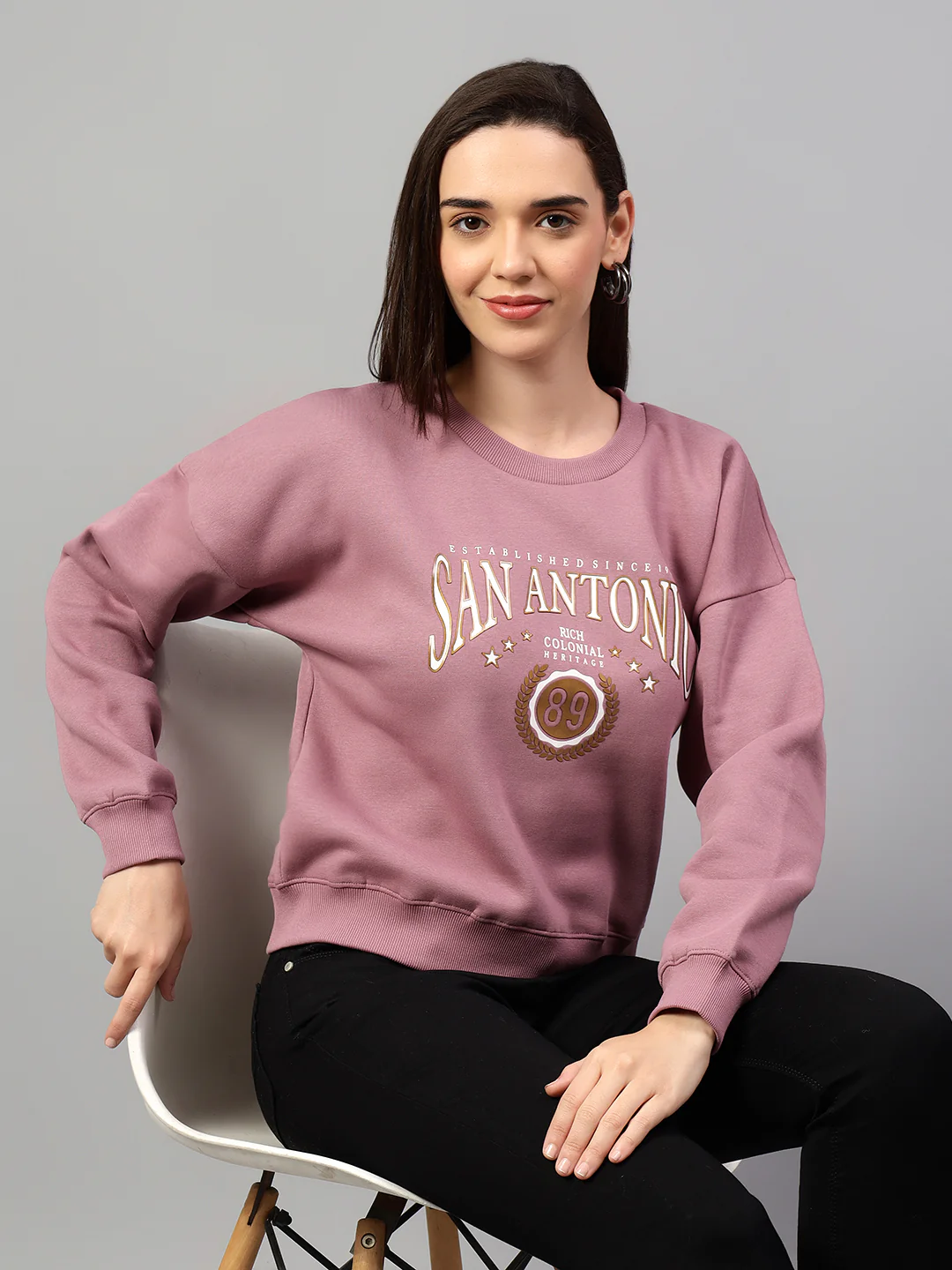 Women's Mauve Printed Round Neck Crop Sweatshirt - Image 4