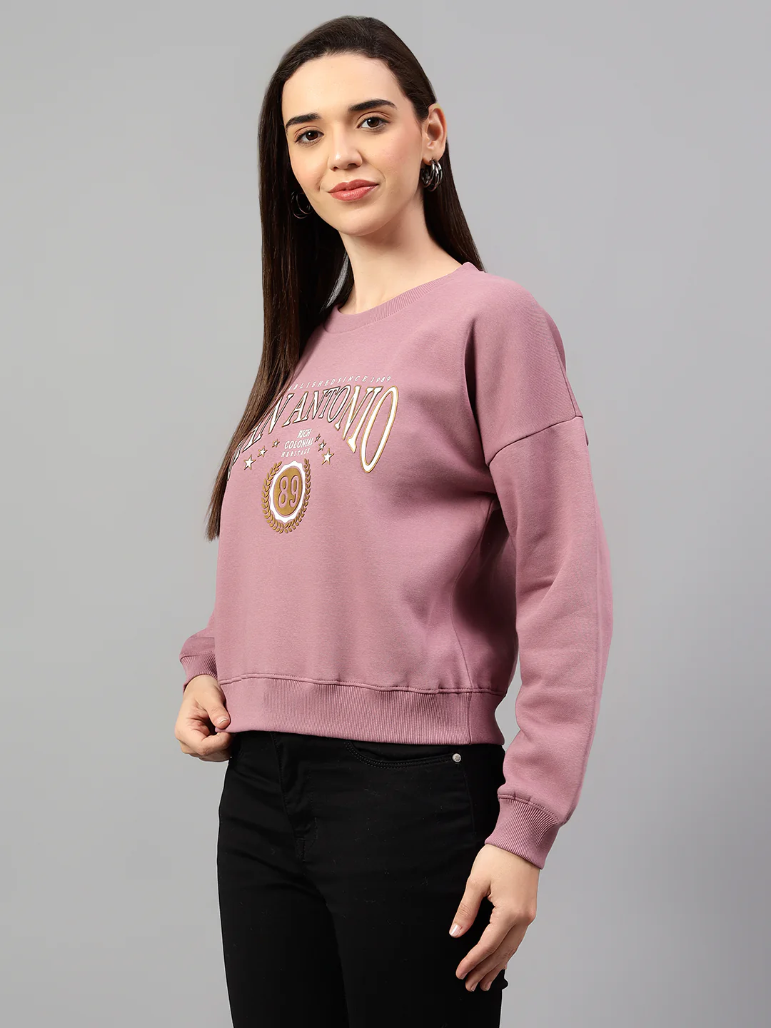 Women's Mauve Printed Round Neck Crop Sweatshirt - Image 5