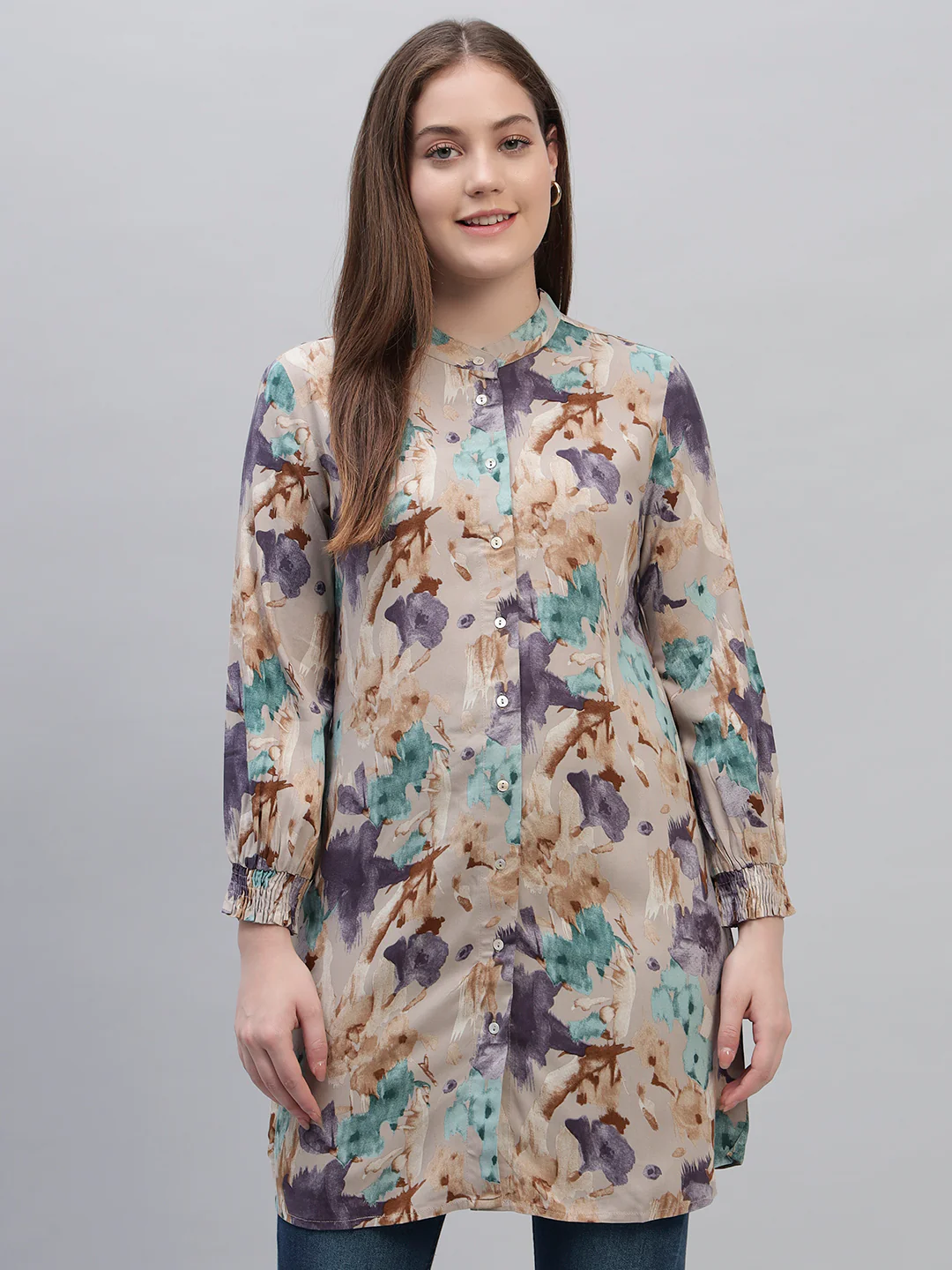 Women's Multi Printed Full Sleeves Round Neck Casual Long Tunic - Image 2