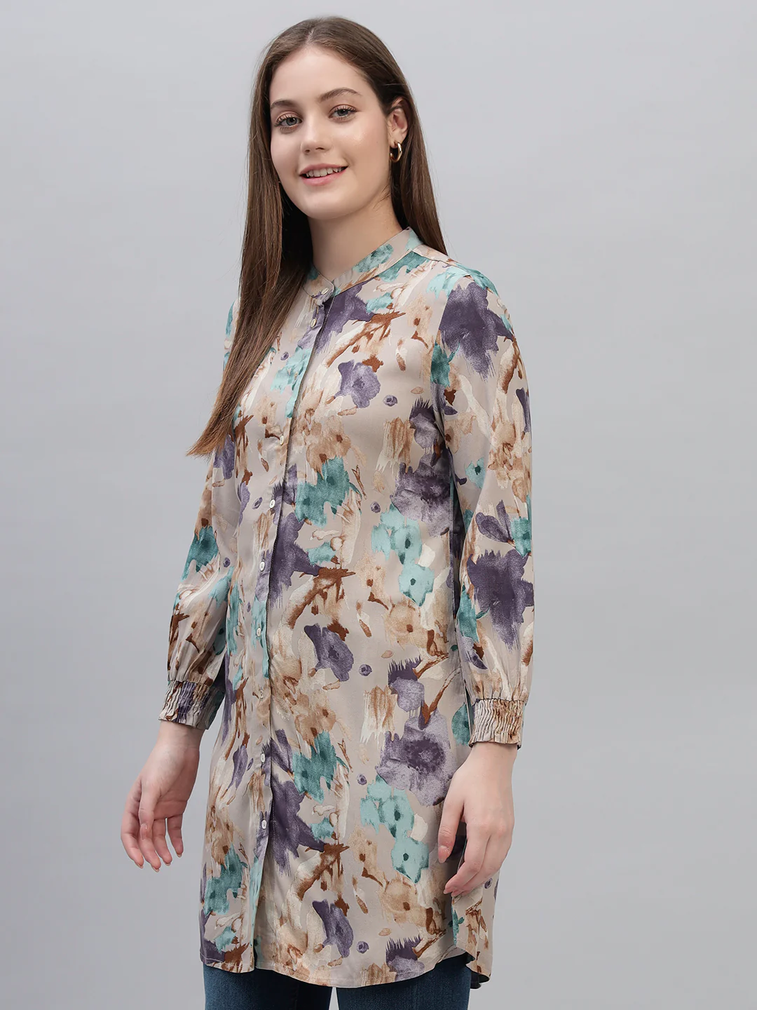 Women's Multi Printed Full Sleeves Round Neck Casual Long Tunic - Image 3