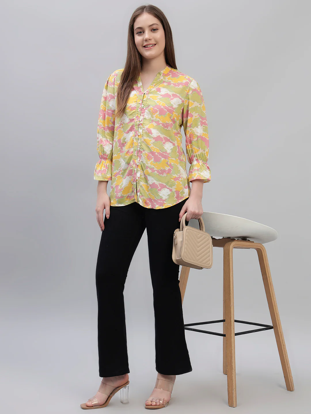 Women's Multi Printed Full Sleeves V-Neck Casual Top - Image 3
