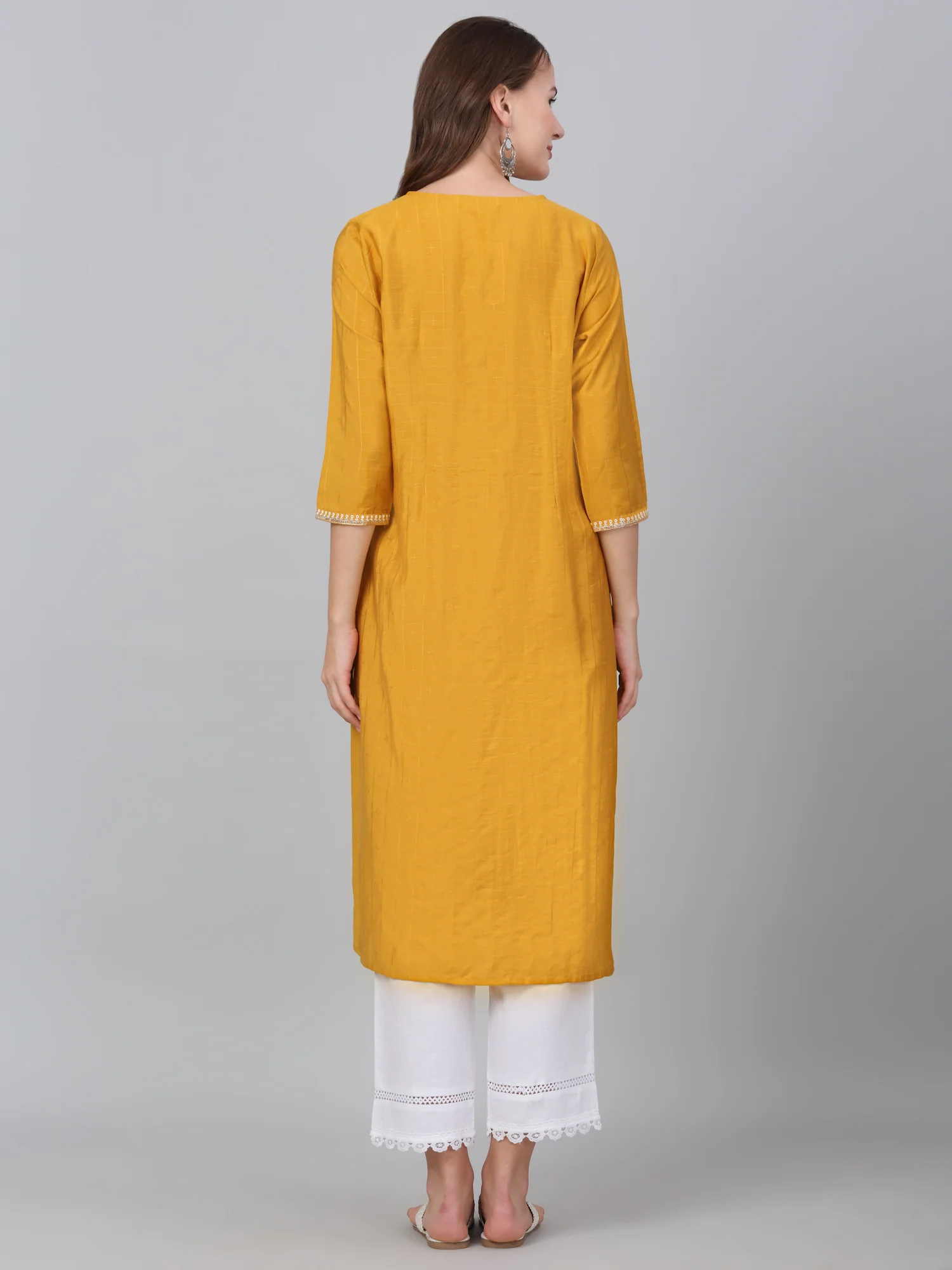 Women's Mustard Checked Casual Kurti - Image 2