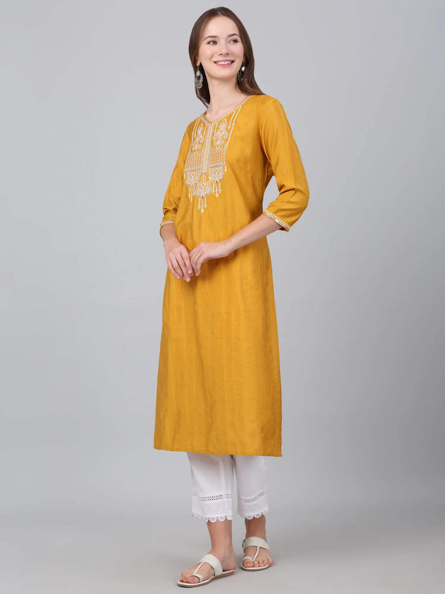 Women's Mustard Checked Casual Kurti - Image 3