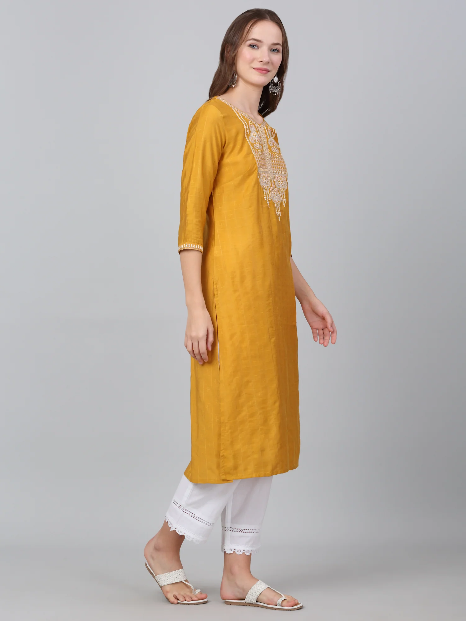 Women's Mustard Checked Casual Kurti - Image 4